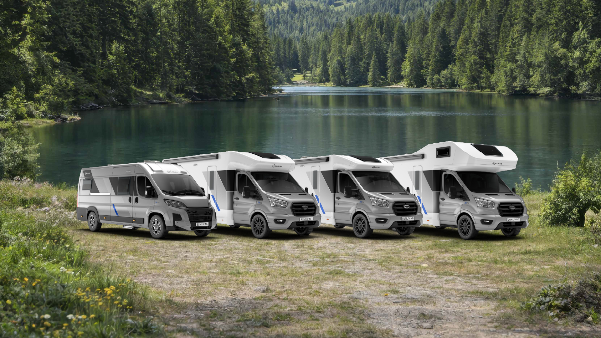 La gama Sun Living 20 aniversario junto a un lago rodeado de bosque